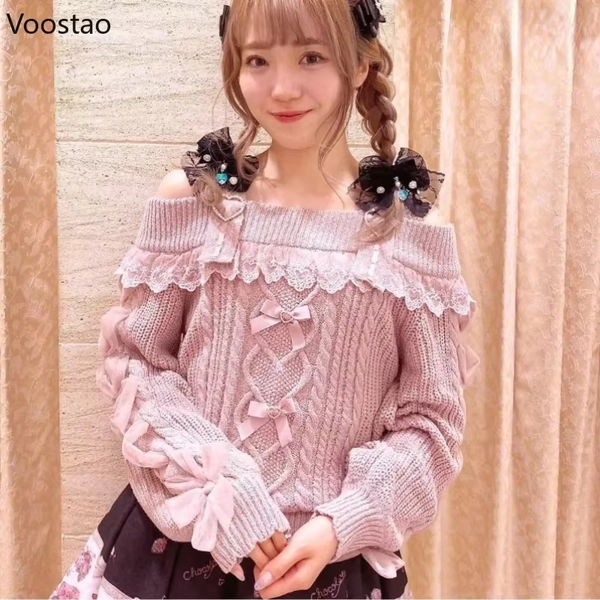 Vintage Sweet Lolita Style Knitted Pullover Autumn Girls Cute Off Shoulder Lace Ruffles Bow Sweater Women Harajuku Knitwear Tops - AliExpress 200000345