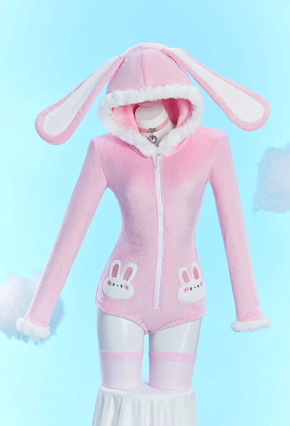 Cute Bunny Furry Bodycon Romper Kawaii Pink Rabbit Bodysuit with Choker Tail and Stocks