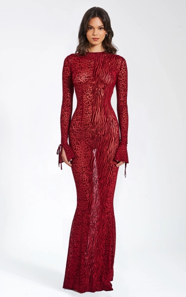 Waylynn Sheer Burnout Velvet Backless Evening Maxi Dress