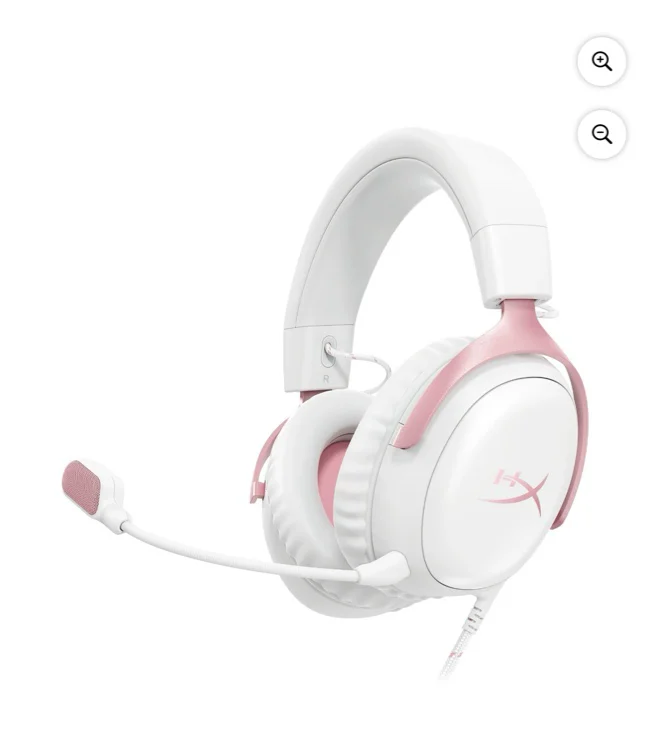 HyperX Cloud III – Wired Gaming Headset, PC, PS5, Xbox Series X|S, Angled 53mm Drivers, DTS Spatial Audio, Memory Foam, Durable Frame, Ultra-Clear 10mm Mic, USB-C, USB-A, 3.5mm – White/Pink