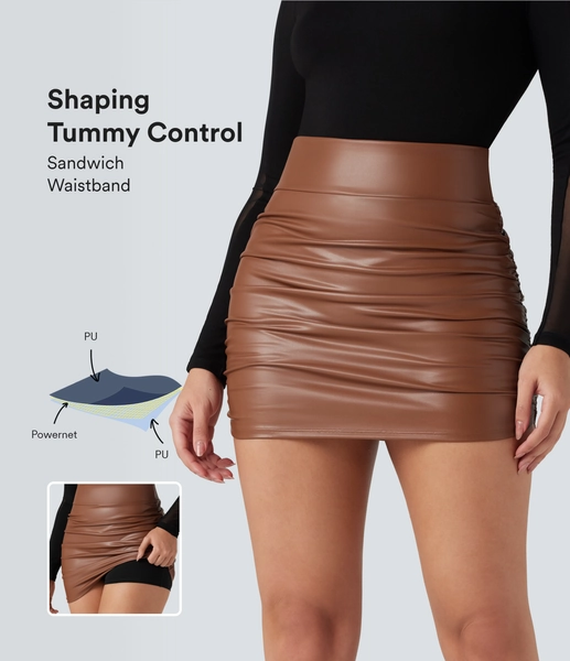 XS(Regular) Rustic Brown High Waisted Tummy Control Ruched Curved Hem 2-in-1 Fleece PU Mini Bodycon Skirt