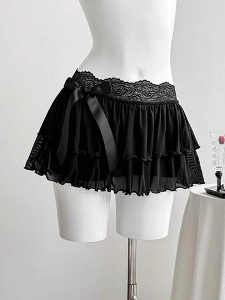 Comfortcana Saia Evasê Fashionável com Babado, Laço e Renda Contrastante, Ideal para o Ano Novo Feminino - Tamanho L