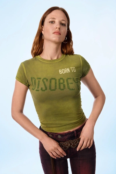Printed T-shirt with studs green Women's I Desigual.com