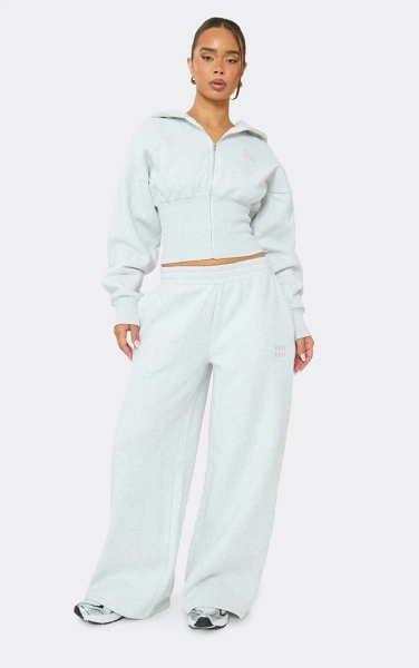 Mid Rise Elastic Waist Min Min Embroidered Detail Wide Leg Joggers In Light Grey Marl