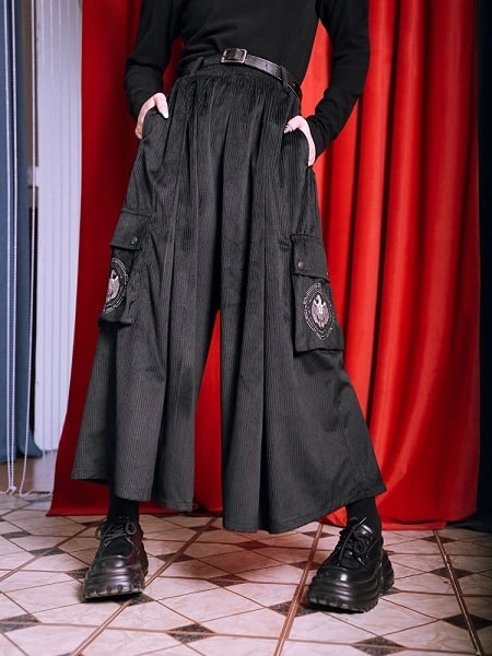 [$51.00]Gothic Cheongsam Black Corduroy Wide-Leg Pants with Crow Embroidered 3D Flap Pockets