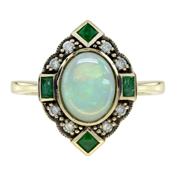 14K Yellow Gold Natural Opal Emerald and Diamond Art Deco Style Halo Ring