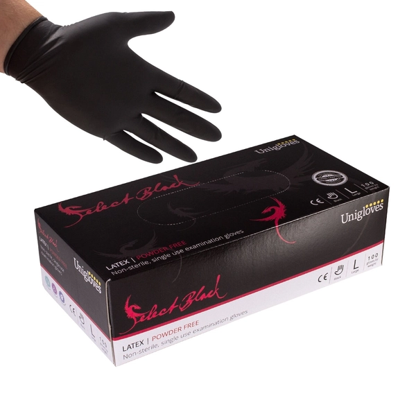 Box of 100 Unigloves Select Black Latex Gloves