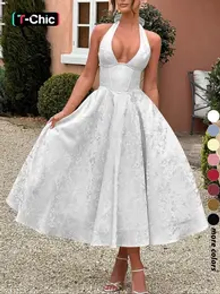 Fashion Elegant Chic Halter Lace-Up Embroidered Waist V-Neck Sleeveless Dress, Long Plain Party Gown, Embellished Prom Gown, Evening Gown, Formal Wear, Fitted Style for Lady Women