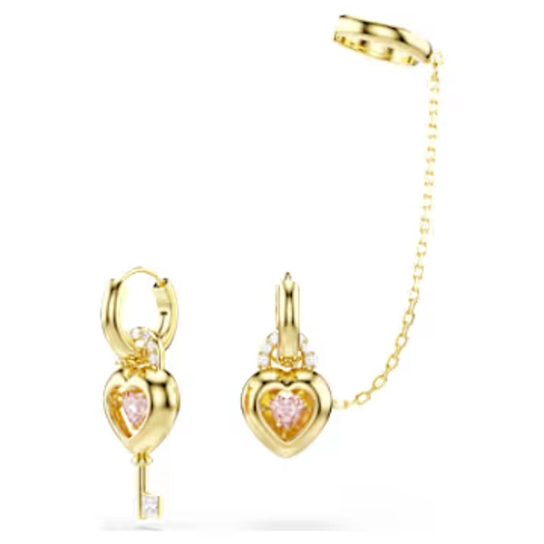 Idyllia drop earrings with ear cuff, Mixed cuts, Heart with key, Pink, Gold-tone plated