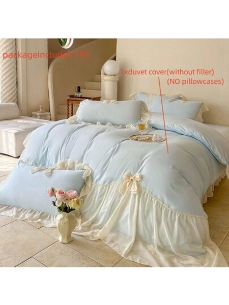 1pc Blue Ruffled Bowknot Duvet Cover Set (1 Duvet Cover, No Inner Filler, No Pillowcase), Soft Chiffon Bedding Set With Bowknot Design, High-Quality And Comfortable For All Seasons, Machine Washable, With Tie Corners, Suitable For Bedroom, Home, Hotel