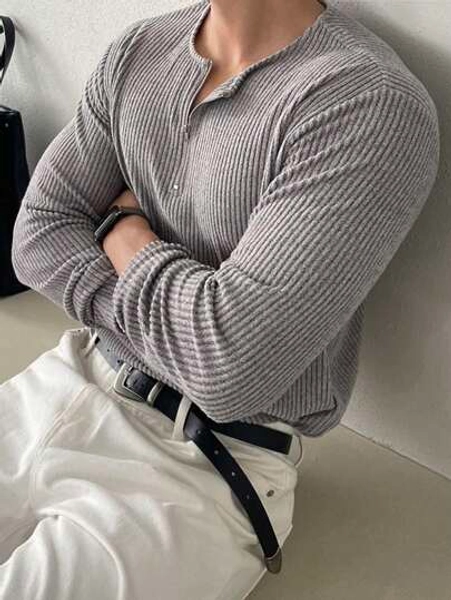 DAZY Heren Casual Effen Kleur Ronde Hals Knoopsluiting Lange Mouw Fleece Thermisch T-shirt, Herfst