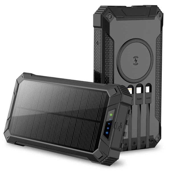 20000mAh Outdoor Solar Power Bank with Built-in 4 Cables - Black