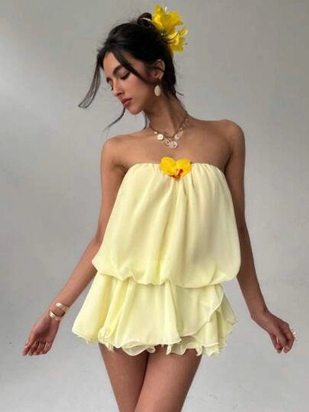 Aloruh Blue Women's Casual Chiffon Strapless Super Short White Sundress,Butter Yellow Dress