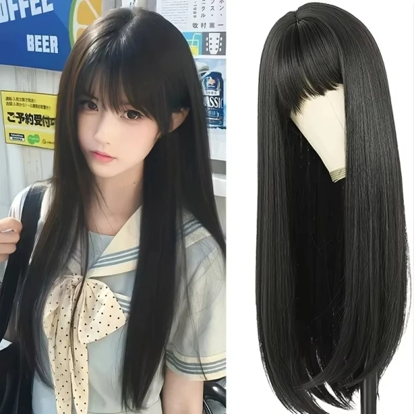 Best-selling black synthetic straight long wig for Halloween cosplay and daily use, high-temperature silk wig set - AliExpress 200165144