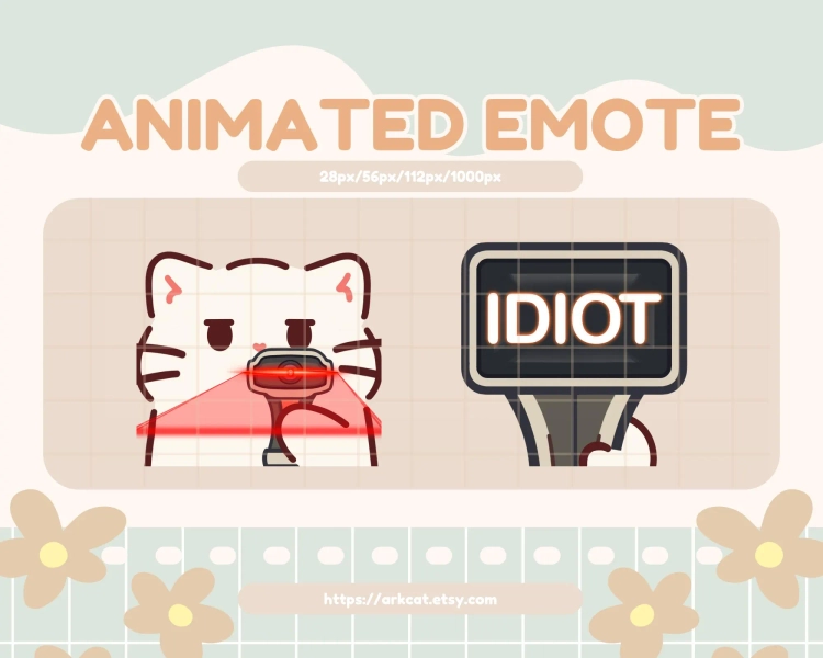 Scan Emote – Animated White Cat Scanning with “Idiot” Result for Twitch Discord YouTube