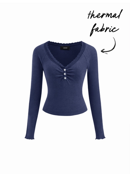 Tricot Thermal Cotton-blend V-neck Long Sleeve Lace Trim Ruched Tee For Décontracté quotidien