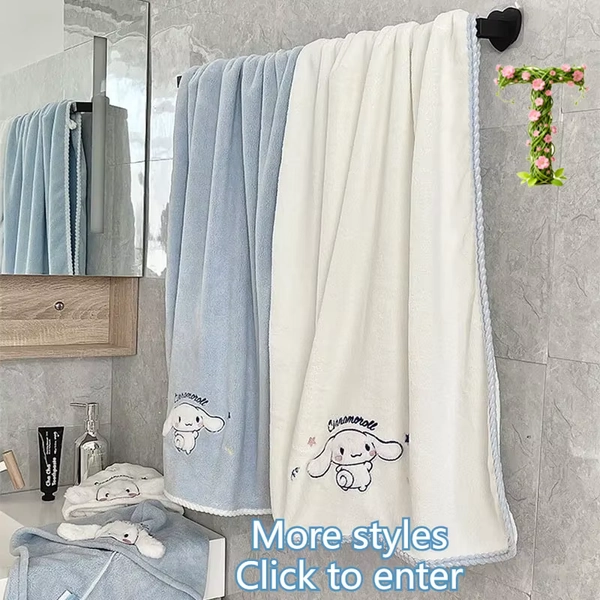 Toalla de lavado Facial Hello Kitty Cinnamoroll Kuromi con gorro de pelo seco, adecuada para mujeres, se puede envuelto, toallas de baño de dibujos animados para niños y adultos - AliExpress 