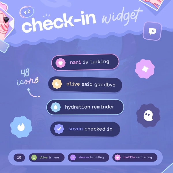 Check In & Reward Widget V.2 ⢠15 Channel Point Rewards ⢠Customizable colors, font, icons, layouts ⥠Twitch Streamers Streamelements OBS by sayonani (@sayonani)