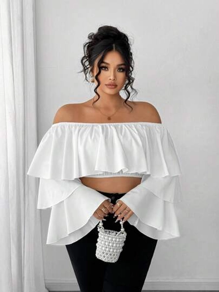 Elenzga Open Shoulder Ruffle Trim 