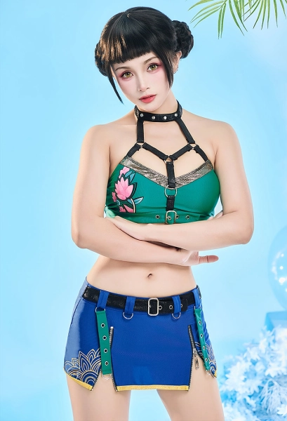 Kpop Slayers Rapper Derivative Two-Piece Swimsuit Printed Halter Neck Top and Zippered Skirt