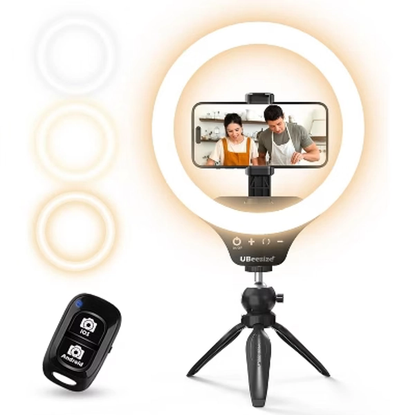 UBeesize 10" Selfie Ring Light with Tripod Stand & Cell Phone Holder, Dimmable Desktop LED Circle Light Compatible with iOS and Android Phones Black