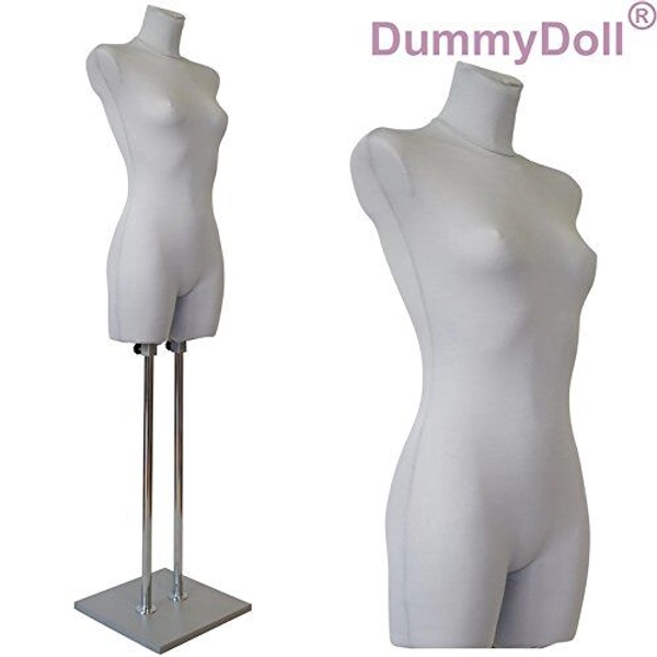 Schneiderpuppe weiblich lang, Überzug silbergrau, Fuß Holzplatte