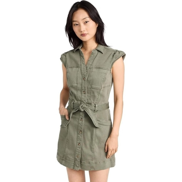 PAIGE Jaxsyn Belted Mini Shirt Dress Women's Size 8 Green Collared Cap Sleeve