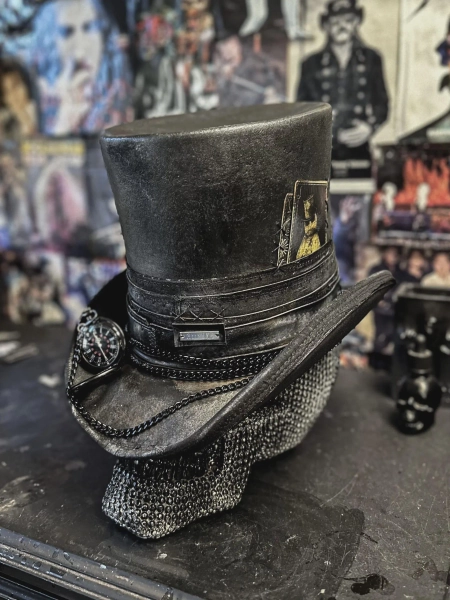 WRECKONING Black Top Hat | Distressed Rabbit & Castor 100X Felt | Pocket Watch | Calf Leather | Handmade Custom Sizes 54–62