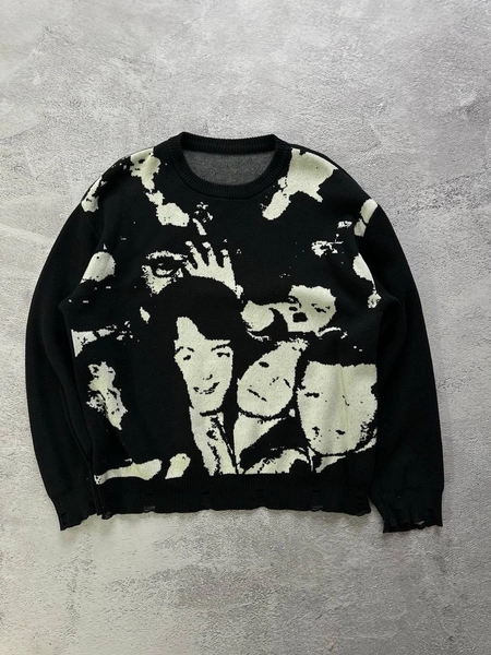Vintage Sweater Guilty Mona Punk Faces Graphic Knit Black Big Logo