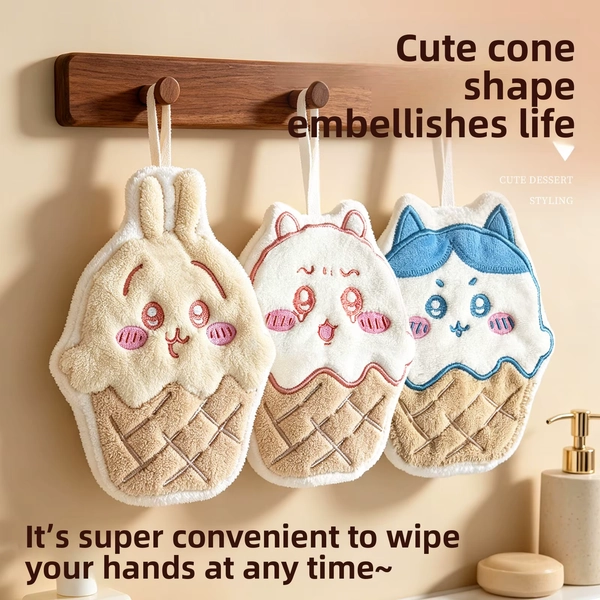 Linda Toalla de Mano con Diseño de Cono de Helado Usagi Hachiware, Paño Absorbente de Felpa de Coral para Colgar en la Cocina o Baño, Regalo Decorativo para Niñas