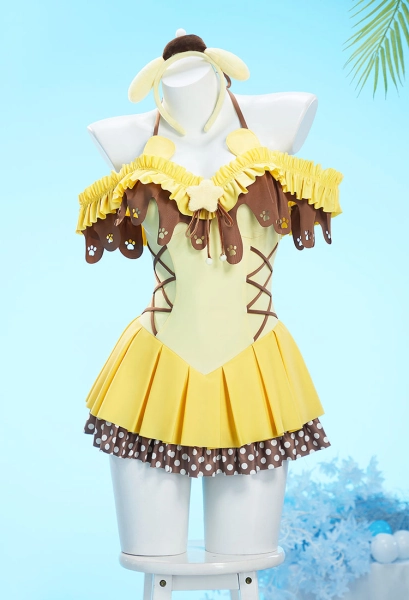 Anime Doll Derivative One-piece Swimsuit Cute Ruffle Halter Bathing Suit with Headband
