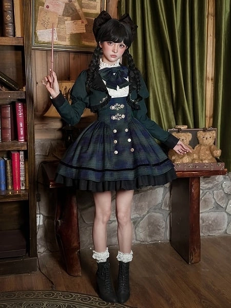 Green Preppy Style Set - Short Version Under Bust JSK + Shirt + Cropped Top