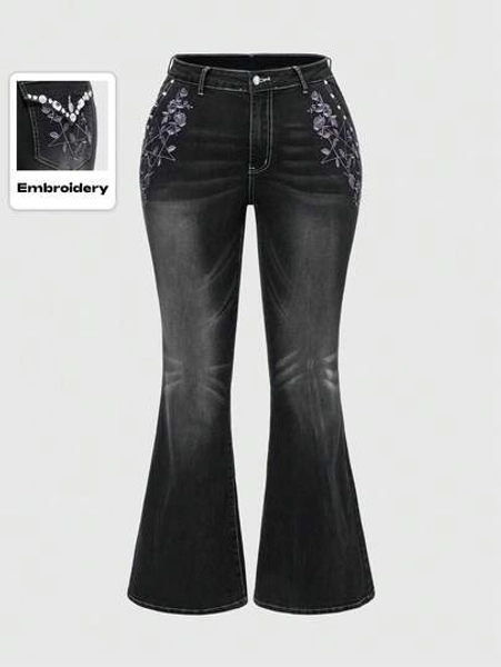 Goth Y2K Vintage Gothic Purple Rose & Pentagram Embroidery Rhinestone Embellished Plus Size Flare Jeans