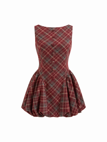 Wool-look Boat Neck Tartan Plaid Bubble Hem Mini Dress