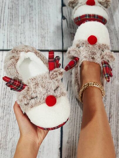 Fall/Winter Cute Cartoon Deer Fluffy Warm House Slippers For Women, Winter,Christmas Slippers