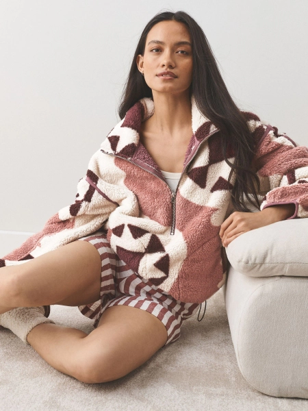 Cream Geometric Half Zip Borg Fleece - Size X-Small