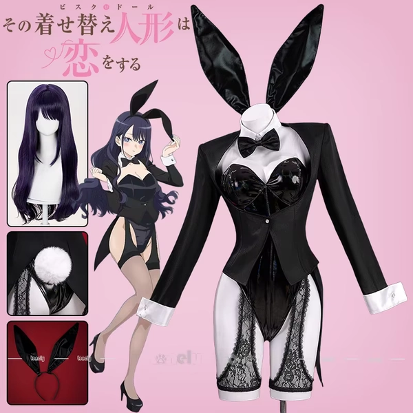 Disfraz de Anime My Dress-Up Darling Kitagawa Marin, peluca, traje de conejito para mujeres y ni帽as, tocado, conjunto completo de cola para fiesta de Halloween