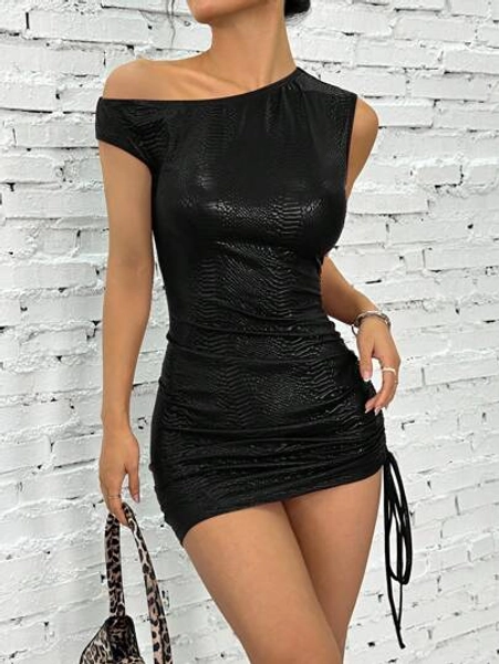 SHEIN EZwear Women's Black PU Leather Bodycon Mini Dress With Asymmetrical Neck Ruched Details And Sleeveless Design