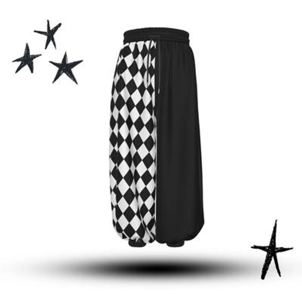 Pierrot Harlequin Split Jester Clown Pants, Half Black Half Checker Clowncore Clothes Dark Circus Carnival Whimsigoth Costume Baggy Bloomers