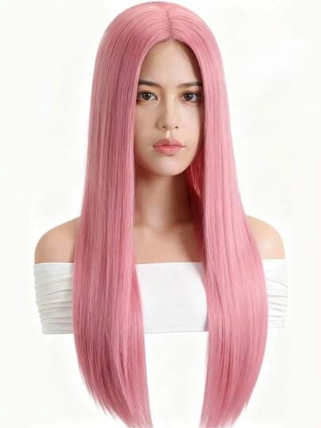 Pink Long Straight Synthetic Wig, Anime Cosplay Wig For Halloween Party, Music Festival Costume