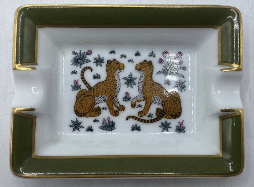 Hermes Ashtray Leopard Floral Design 8x6x1.5cm Green Rim Vintage Rare Paris