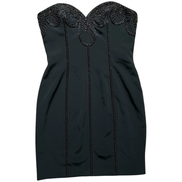 Vintage Tie Black Strapless Beaded Mini Cocktail Dress Sz 10