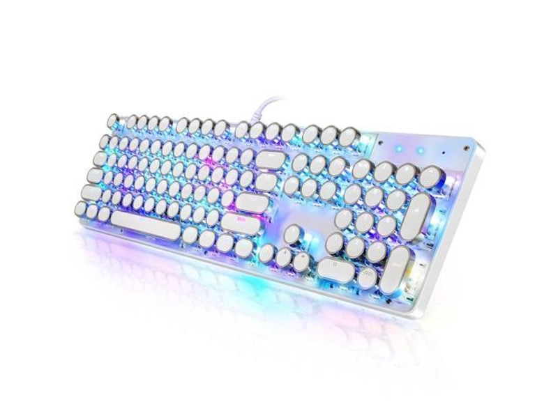 TROCHIN Typewriter Style Mechanical Gaming Keyboard RGB Backlit Wired with Blue Switch Retro Round Keycap 104 Keys Keyboard (White104 keys RGB)