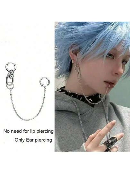 1PC Stainless Steel Fake Lip Piercing With Chain Linked Ear Hoop Anime Style Lip Clip Lip Ring Ear Piercing Body Jewelry