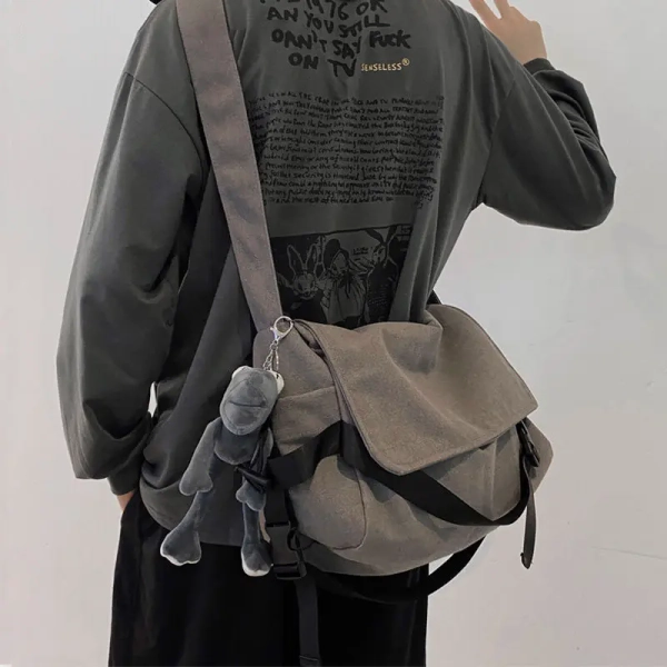 Men's Plain Canvas Crossbody Messenger Bag - Solid Color Trendy Versatile Style with Cartoon Charm, Large Capacity Gym Bag with Vintage Wash & Zip Fastener for Work, School & Daily Commute