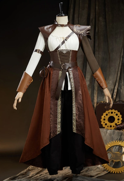The Witcher 3: Wild Hunt Ciri Derivative Brown Corset Dress Off-white Shirt with Shoulder Armor and Belt