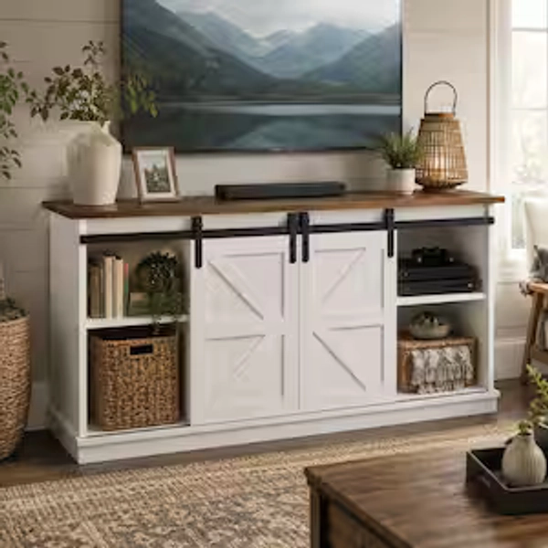 Modern White Wood TV Stand Fits TVs Up to 65 in. Entertainment Center with Adjustable Shelves and Sliding Door