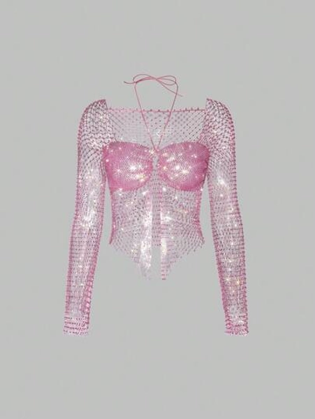 EgrlEra Top corto de mujer con red de cristales, adecuado para bar, fiesta, festival de música