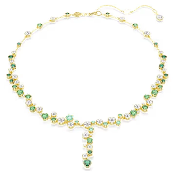 Constella Y necklace, Mixed cuts, Green, Gold-tone plated