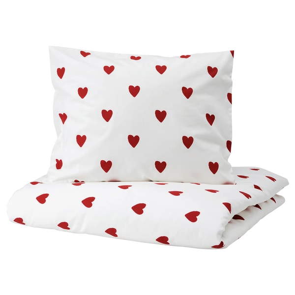 BARNDRÖM Bettwäsche-Set, 2-teilig - Herzmuster/weiß rot 150x200/50x60 cm